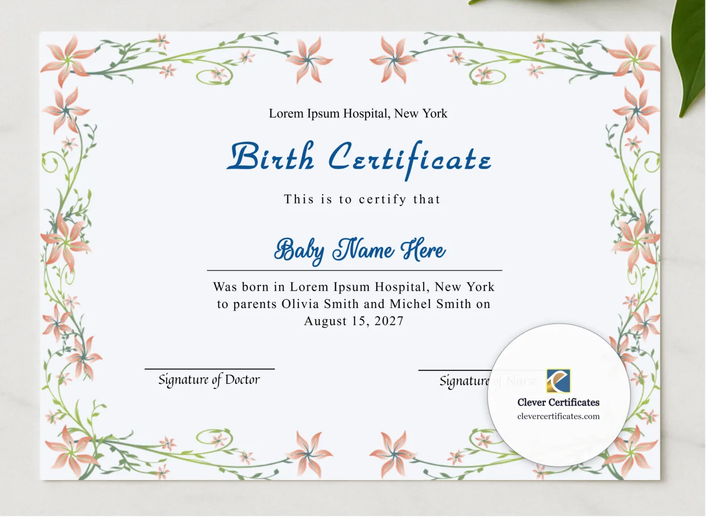 Editable Birth Certificate presented in a sleek wooden frame, elegantly arranged on a stylish table.