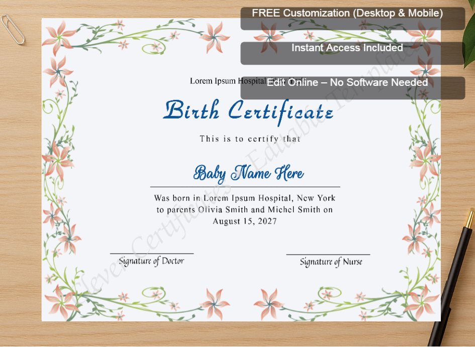 Zoomed preview with Free Editor badge stack for Editable Birth Certificate