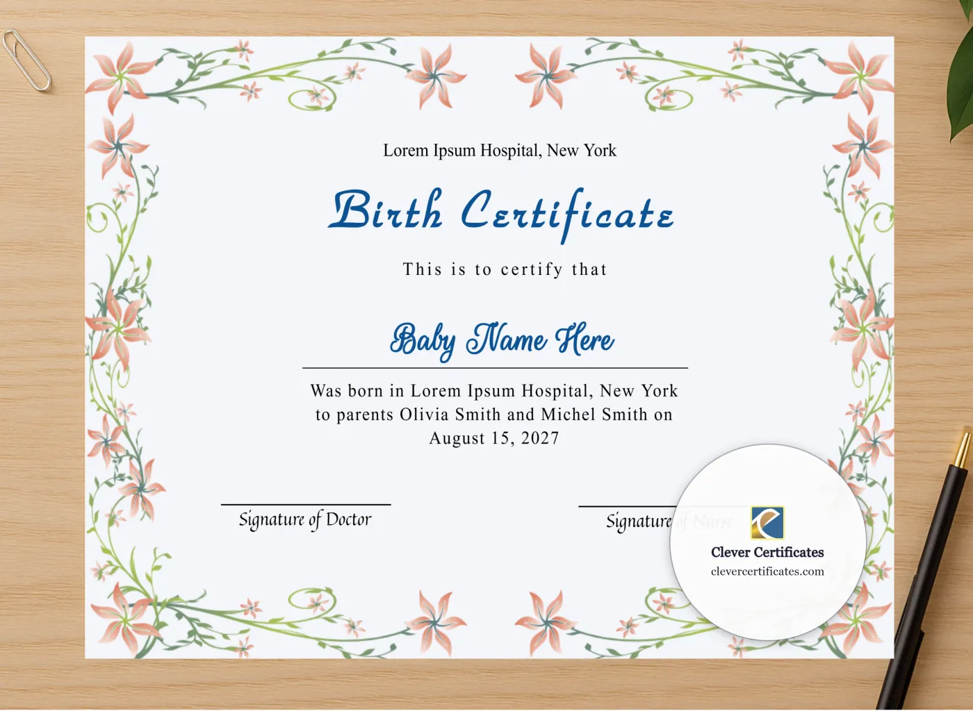 Professional preview of Editable Birth Certificate certificate on high-quality stationery paper, ideal for showcasing the final look.