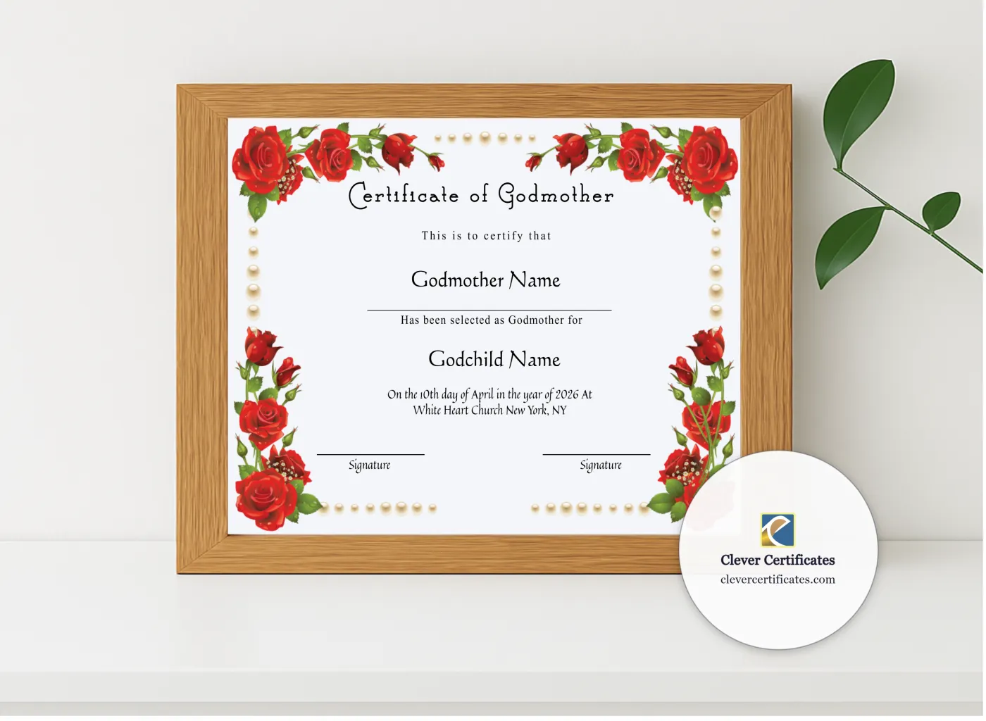 Realistic mockup featuring Editable Certificate Of Godmother displayed within a modern frame, set against a minimalistic background.