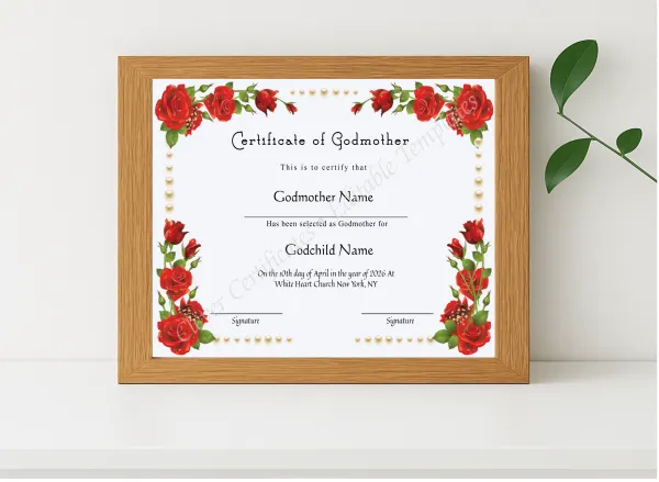 Realistic mockup featuring Editable Certificate Of Godmother displayed within a modern frame, set against a minimalistic background.