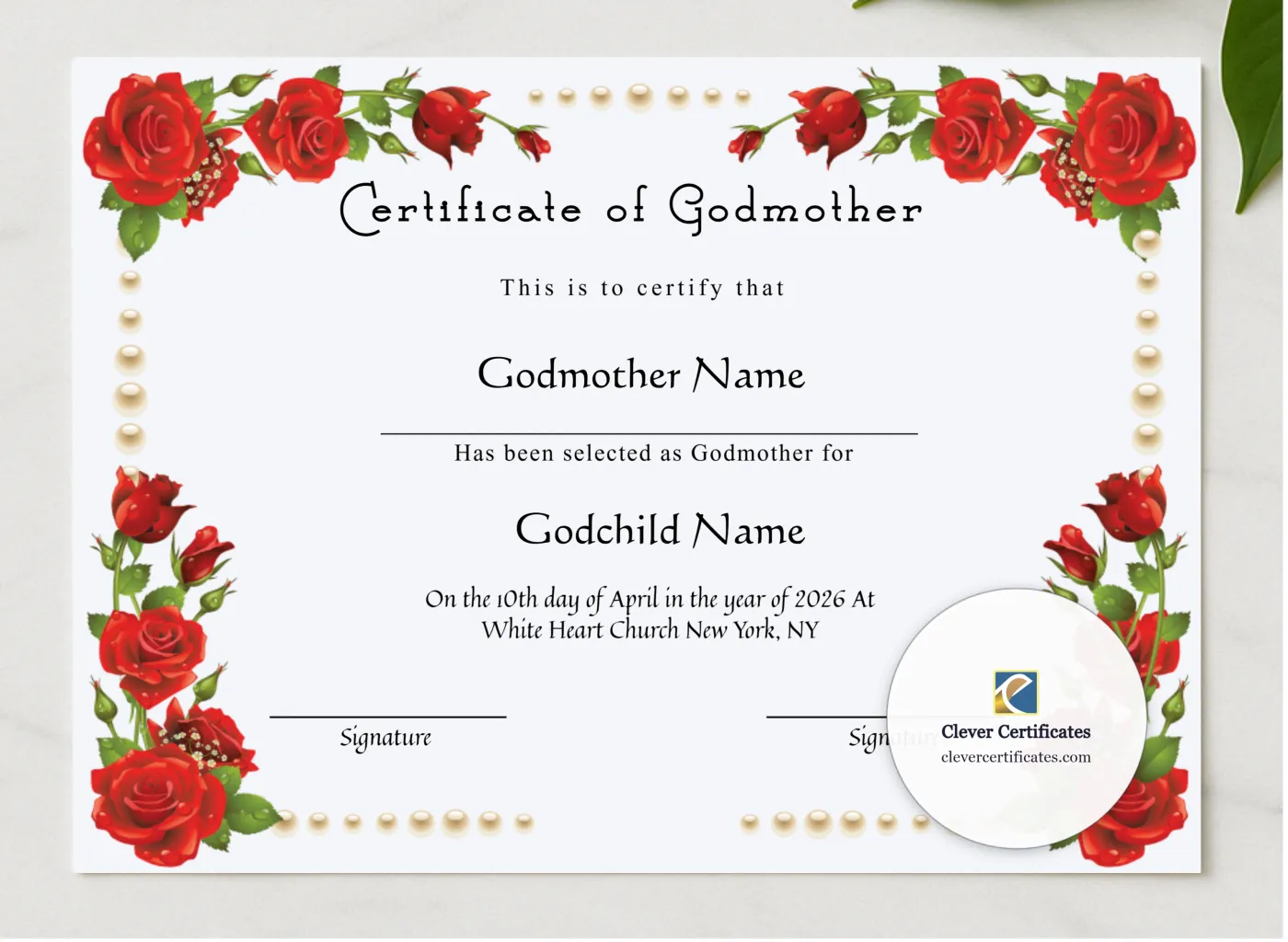 Editable Certificate Of Godmother presented in a sleek wooden frame, elegantly arranged on a stylish table.