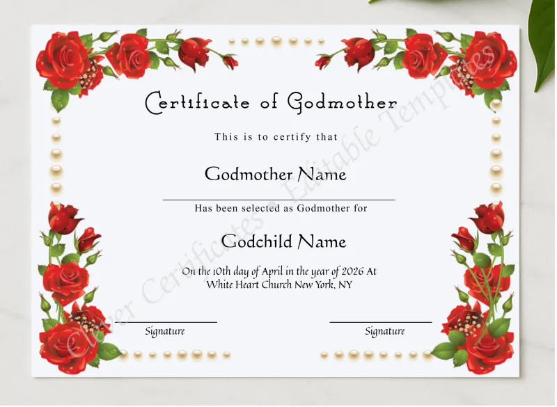 Editable Certificate Of Godmother presented in a sleek wooden frame, elegantly arranged on a stylish table.