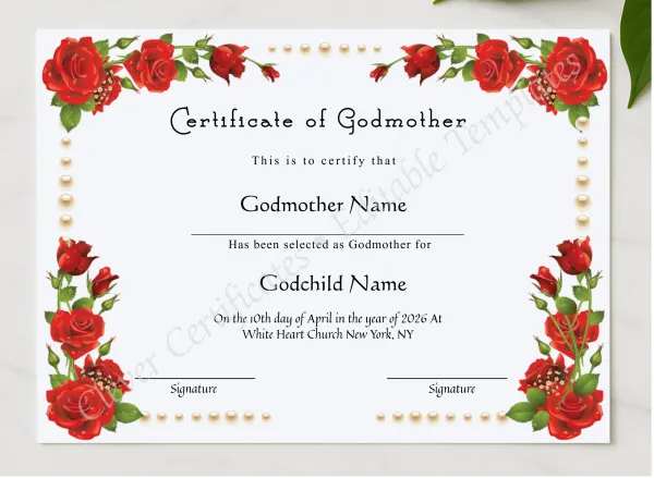 Editable Certificate Of Godmother presented in a sleek wooden frame, elegantly arranged on a stylish table.