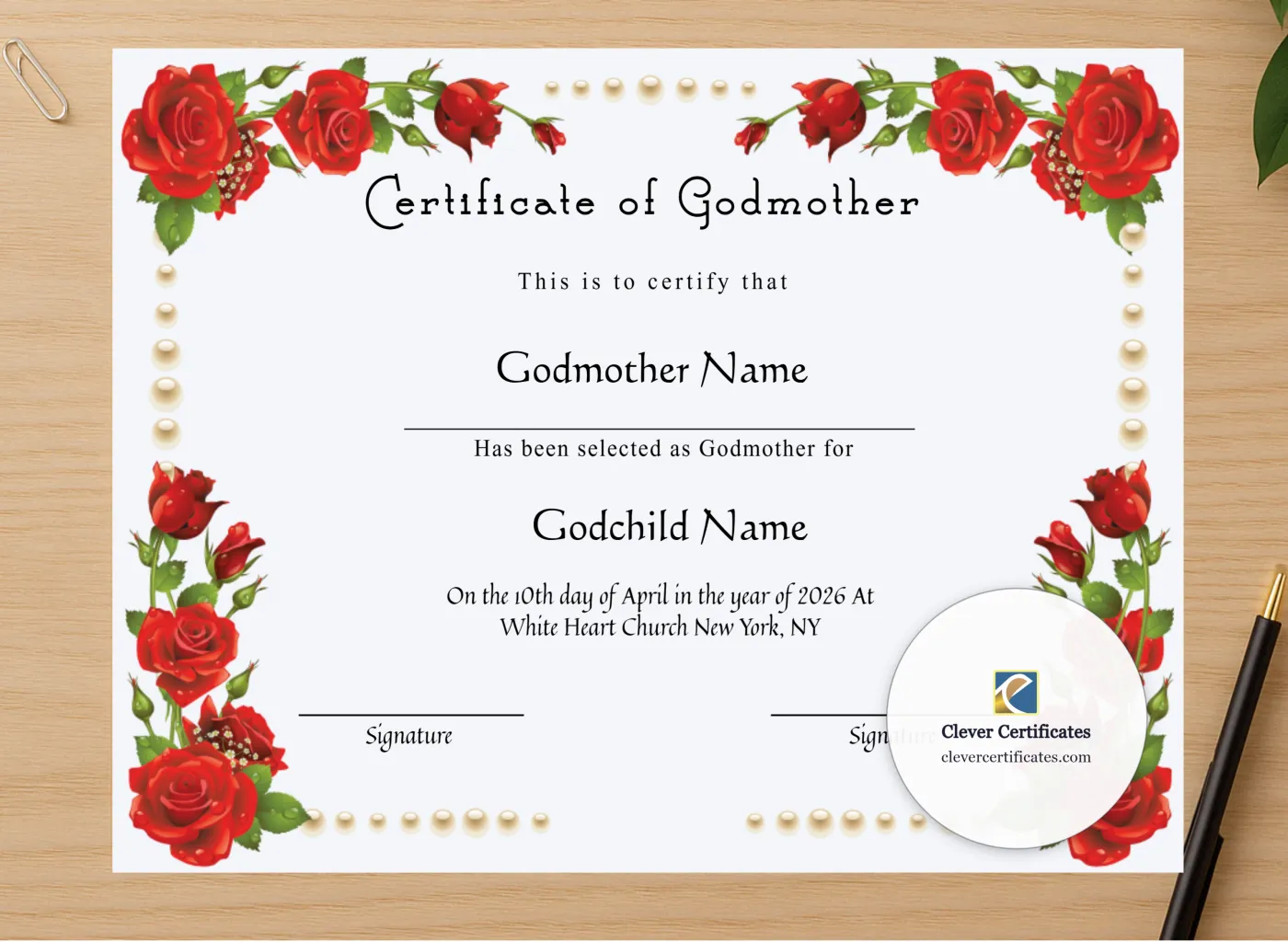 Professional preview of Editable Certificate Of Godmother certificate on high-quality stationery paper, ideal for showcasing the final look.