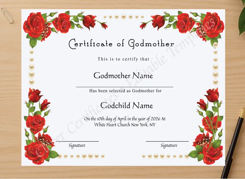 Professional preview of Editable Certificate Of Godmother certificate on high-quality stationery paper, ideal for showcasing the final look.