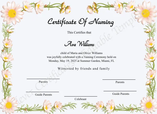 Printable Certificate Of Naming