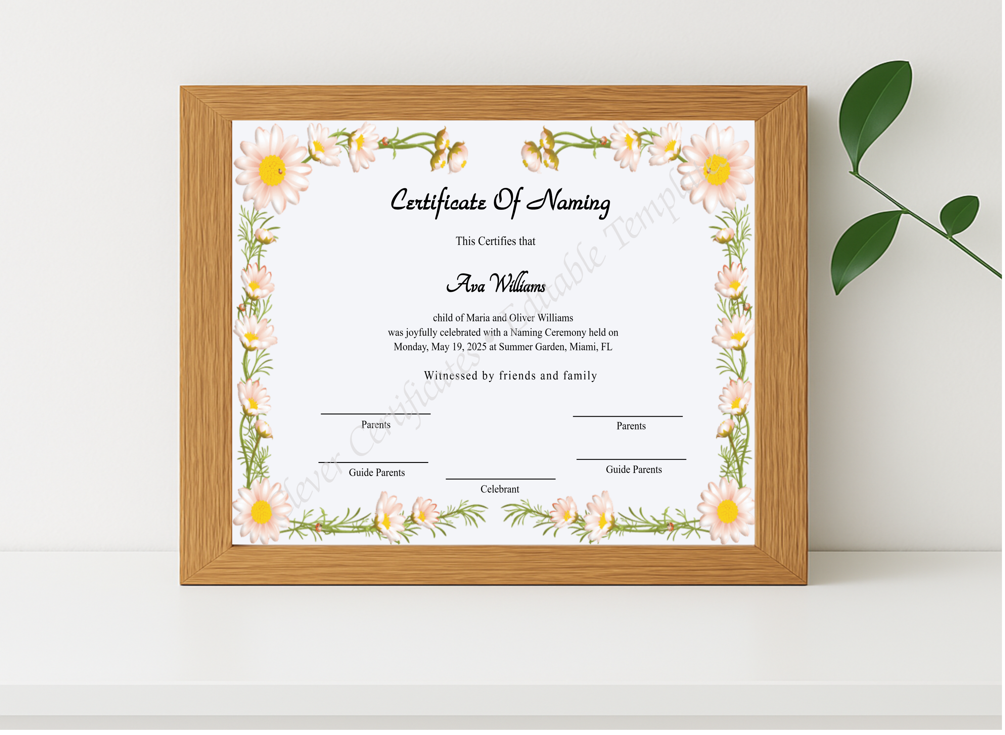 Realistic mockup featuring Printable Certificate Of Naming displayed within a modern frame, set against a minimalistic background.
