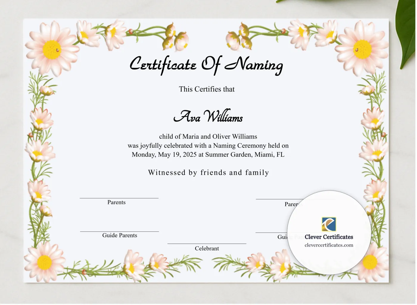 Printable Certificate Of Naming presented in a sleek wooden frame, elegantly arranged on a stylish table.
