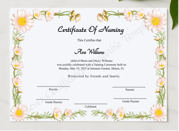 Printable Certificate Of Naming presented in a sleek wooden frame, elegantly arranged on a stylish table.