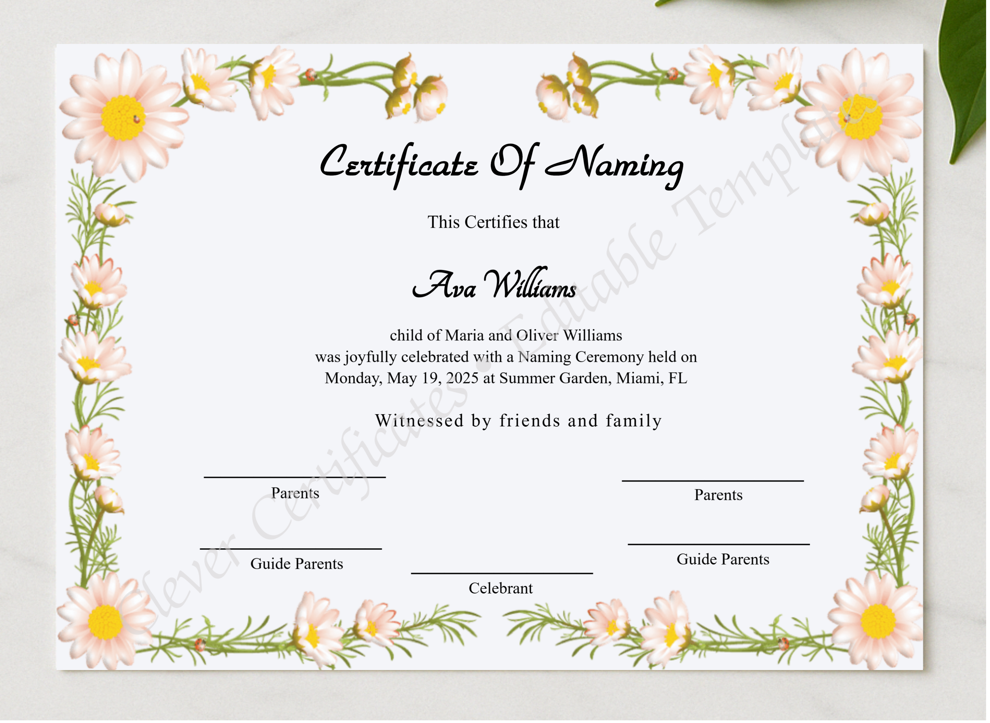 Printable Certificate Of Naming presented in a sleek wooden frame, elegantly arranged on a stylish table.