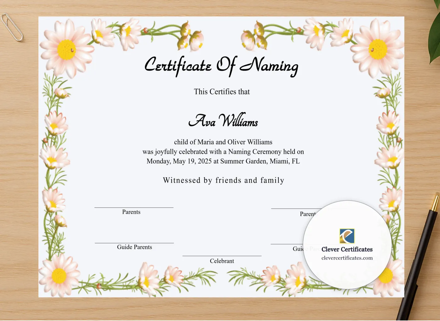 Professional preview of Printable Certificate Of Naming certificate on high-quality stationery paper, ideal for showcasing the final look.