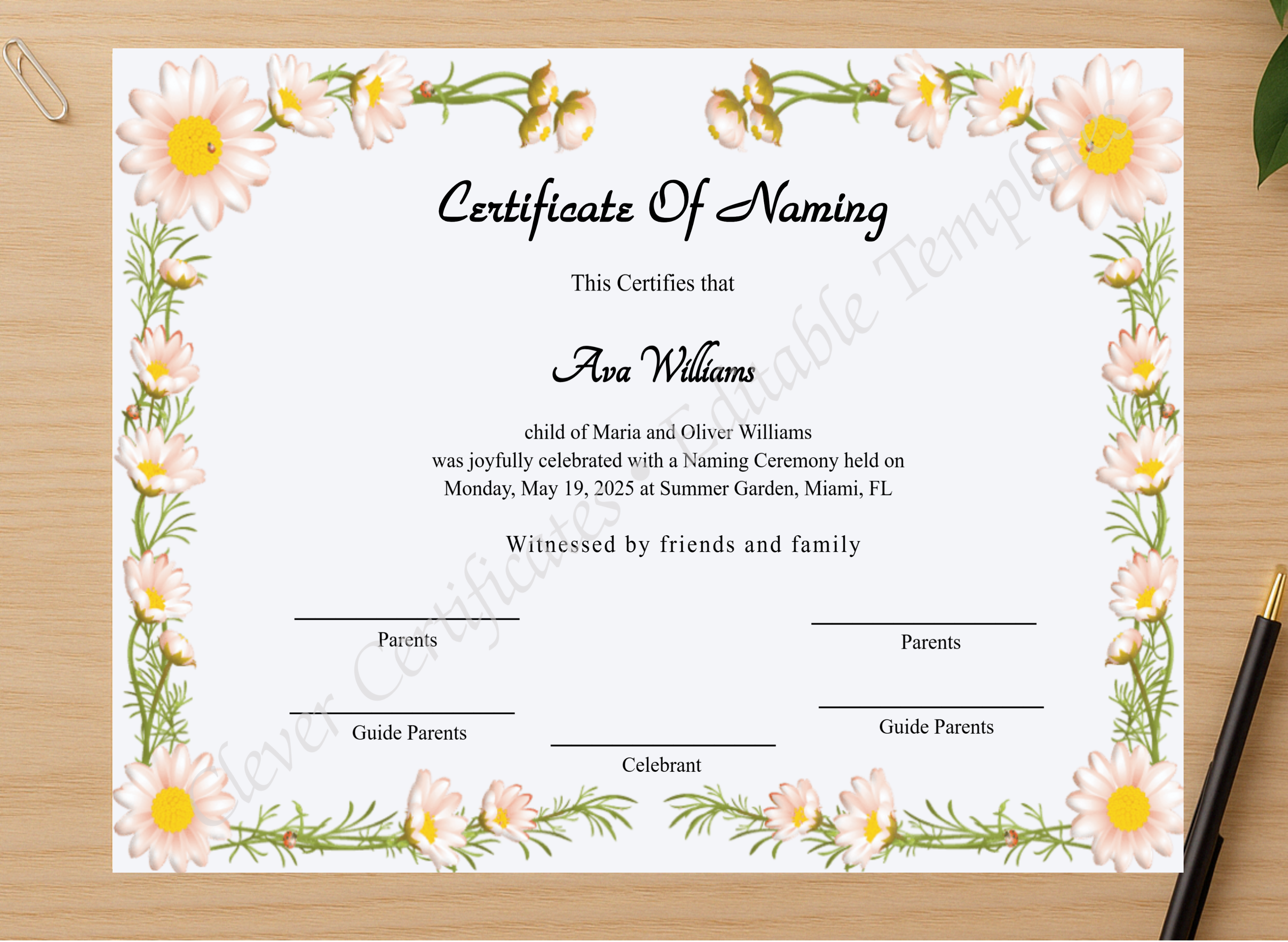Professional preview of Printable Certificate Of Naming certificate on high-quality stationery paper, ideal for showcasing the final look.