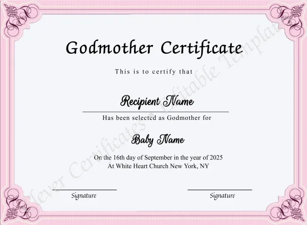 Printable Certificate Of Godmother
