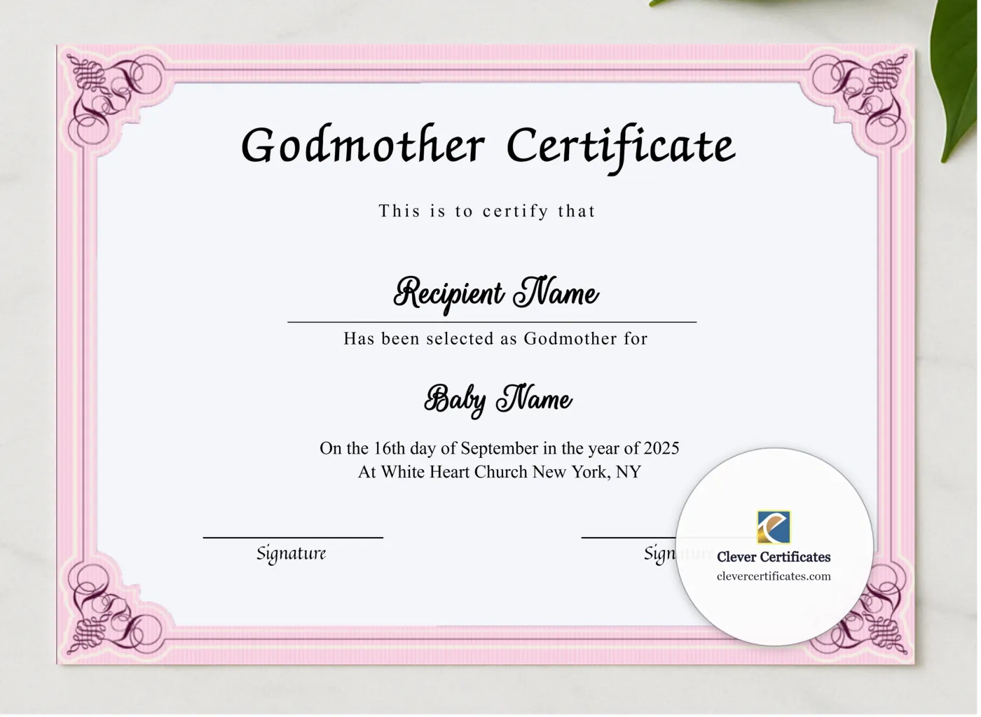 Printable Certificate Of Godmother presented in a sleek wooden frame, elegantly arranged on a stylish table.