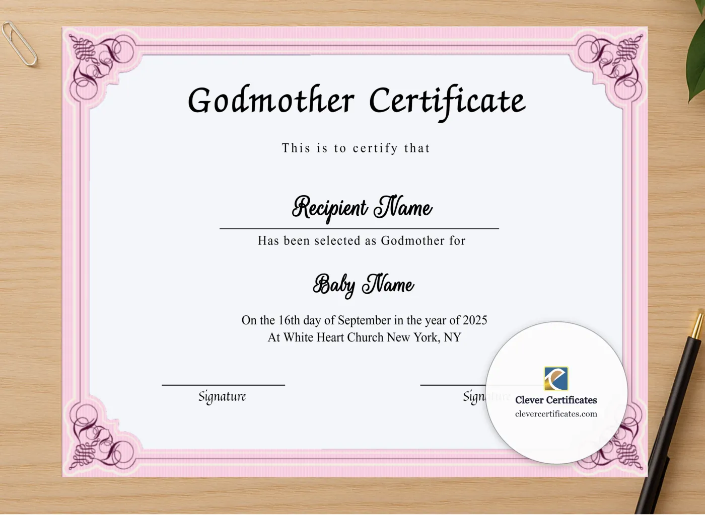 Professional preview of Printable Certificate Of Godmother certificate on high-quality stationery paper, ideal for showcasing the final look.