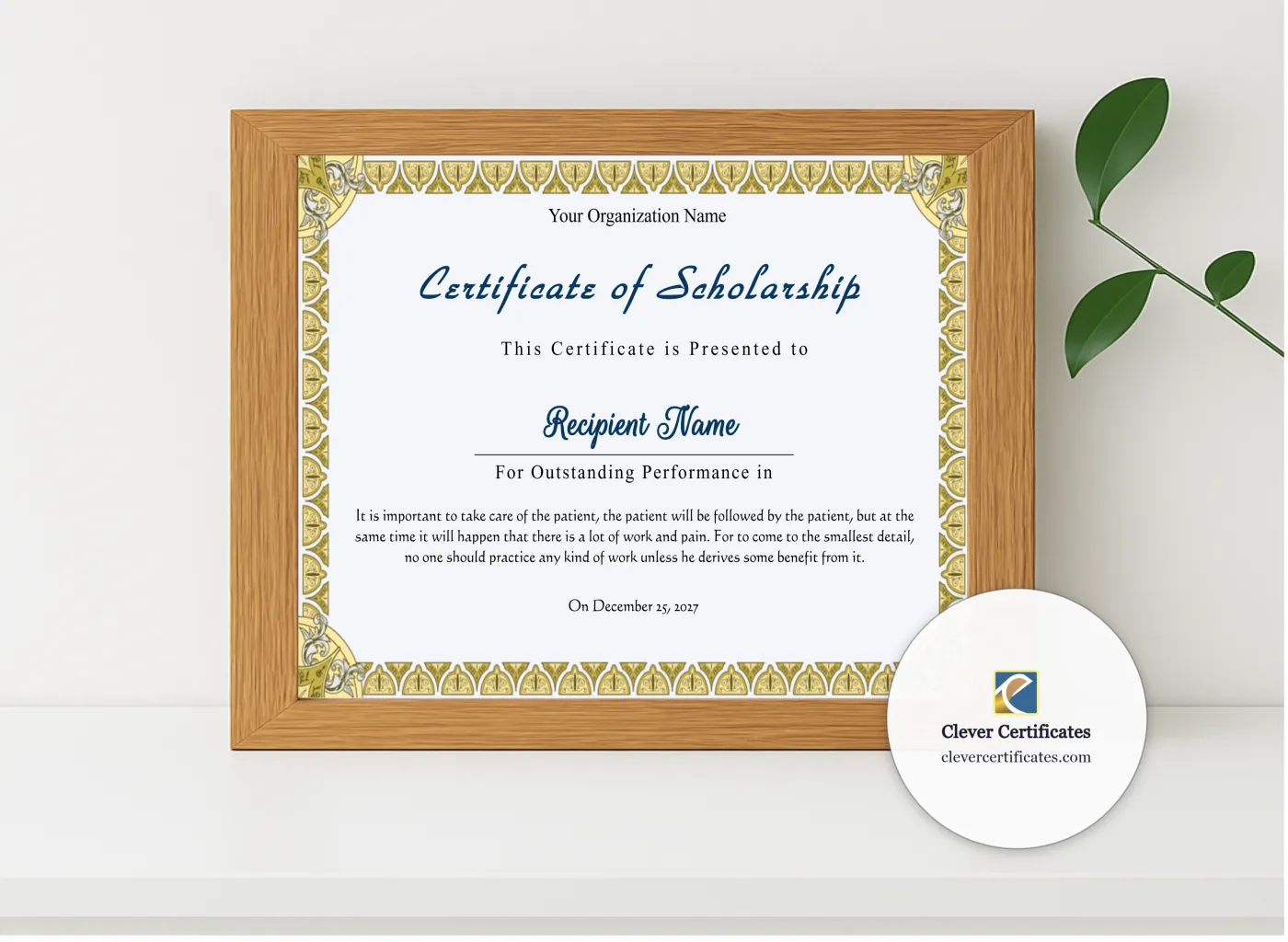 Realistic mockup featuring Editable Certificate Of Scholarship displayed within a modern frame, set against a minimalistic background.
