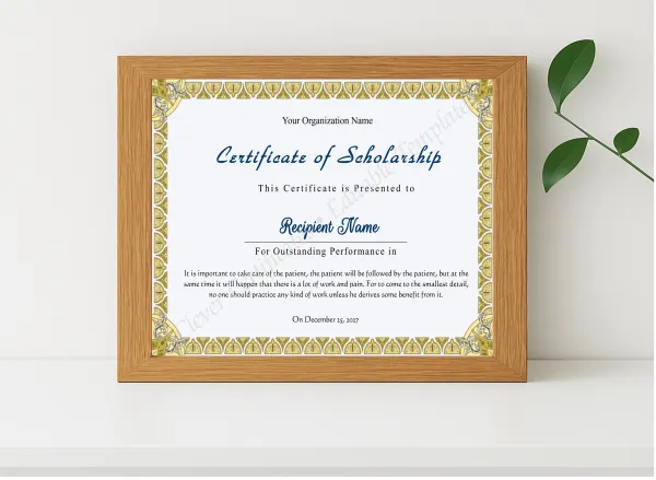 Realistic mockup featuring Editable Certificate Of Scholarship displayed within a modern frame, set against a minimalistic background.