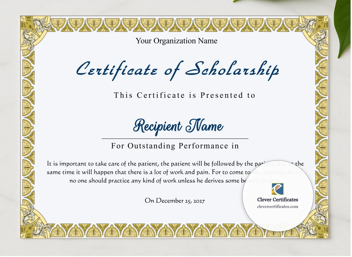 Editable Certificate Of Scholarship presented in a sleek wooden frame, elegantly arranged on a stylish table.