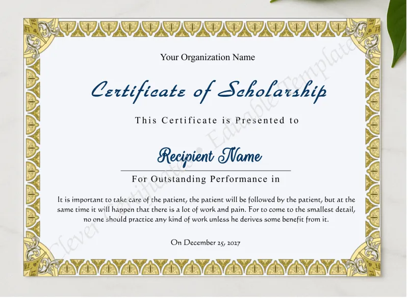 Editable Certificate Of Scholarship presented in a sleek wooden frame, elegantly arranged on a stylish table.