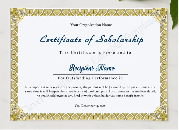 Editable Certificate Of Scholarship presented in a sleek wooden frame, elegantly arranged on a stylish table.