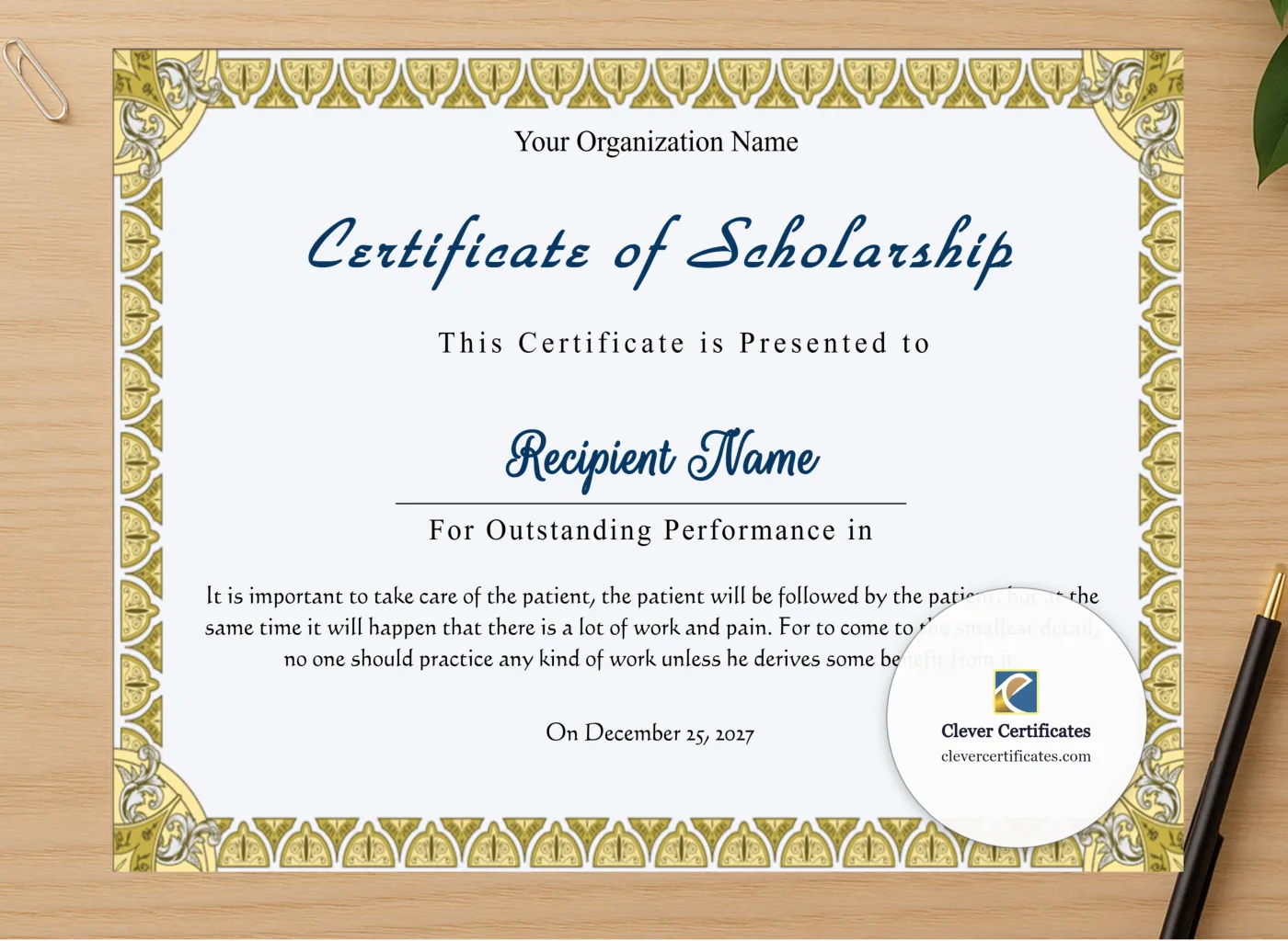 Professional preview of Editable Certificate Of Scholarship certificate on high-quality stationery paper, ideal for showcasing the final look.