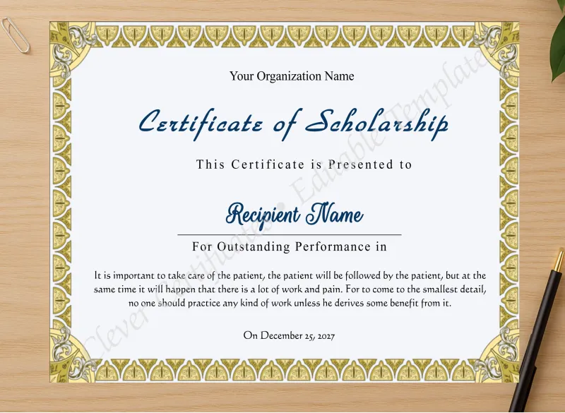 Professional preview of Editable Certificate Of Scholarship certificate on high-quality stationery paper, ideal for showcasing the final look.
