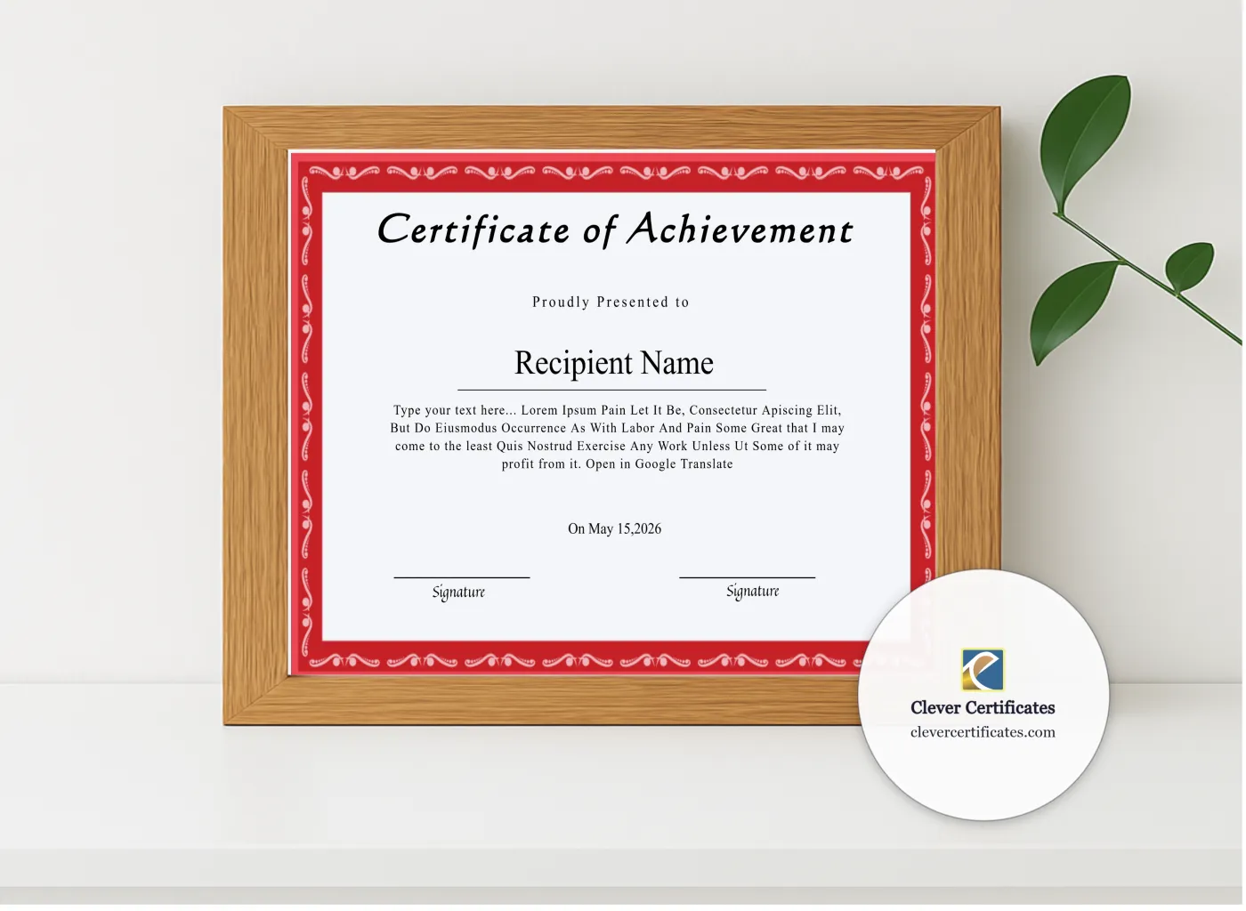 Realistic mockup featuring Printable Certificate Of Achievement displayed within a modern frame, set against a minimalistic background.