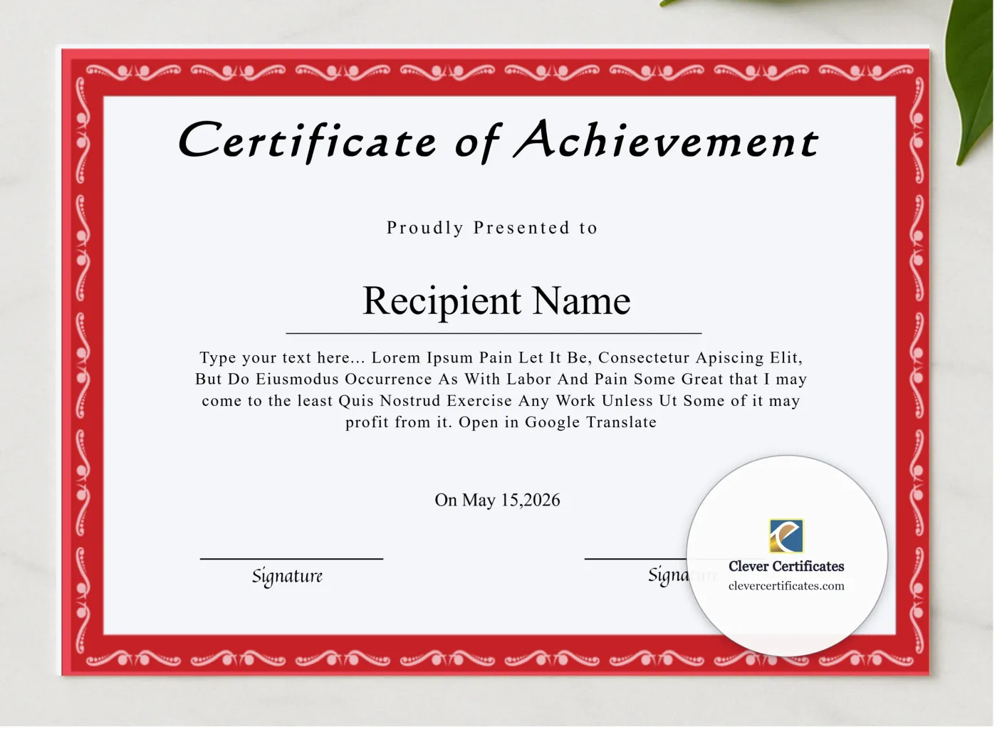 Printable Certificate Of Achievement presented in a sleek wooden frame, elegantly arranged on a stylish table.