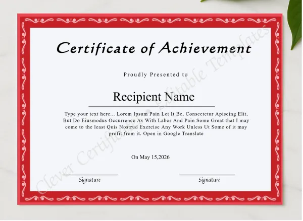 Printable Certificate Of Achievement presented in a sleek wooden frame, elegantly arranged on a stylish table.