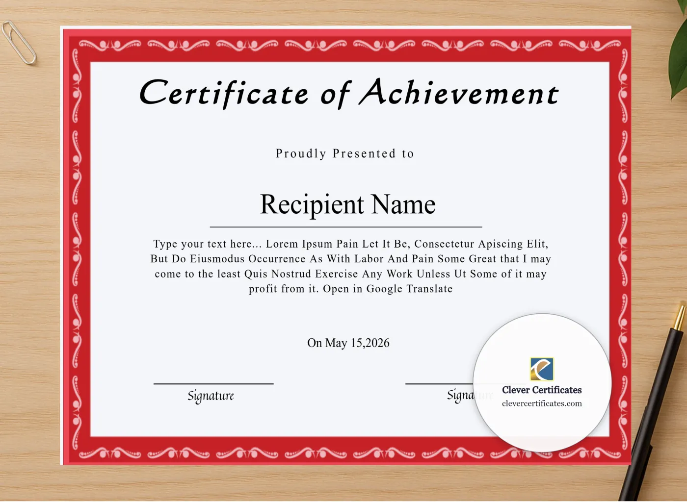 Professional preview of Printable Certificate Of Achievement certificate on high-quality stationery paper, ideal for showcasing the final look.