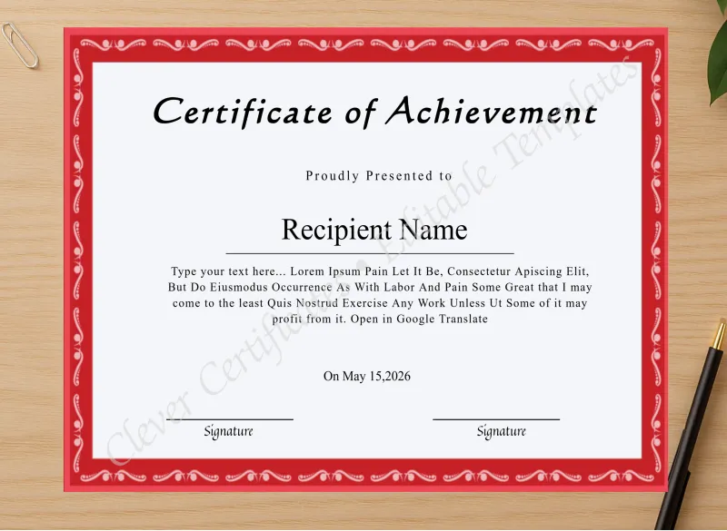 Professional preview of Printable Certificate Of Achievement certificate on high-quality stationery paper, ideal for showcasing the final look.