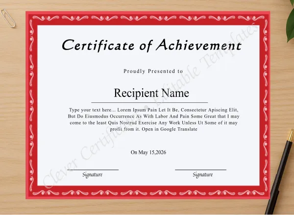 Professional preview of Printable Certificate Of Achievement certificate on high-quality stationery paper, ideal for showcasing the final look.