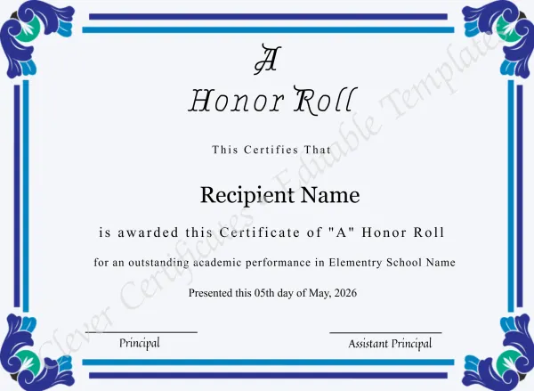 Editable Certificate Of A Honor Roll