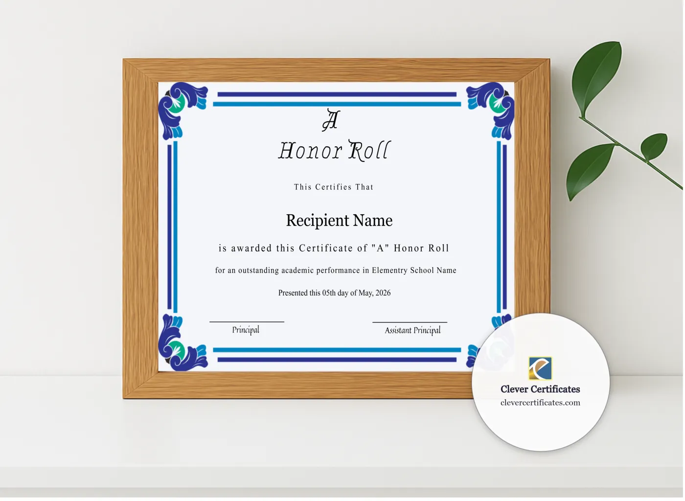 Realistic mockup featuring Editable Certificate Of A Honor Roll displayed within a modern frame, set against a minimalistic background.