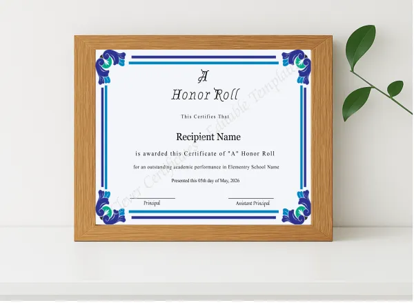 Realistic mockup featuring Editable Certificate Of A Honor Roll displayed within a modern frame, set against a minimalistic background.