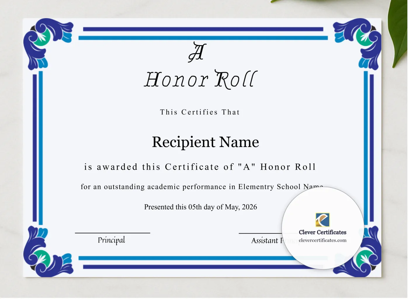 Editable Certificate Of A Honor Roll presented in a sleek wooden frame, elegantly arranged on a stylish table.
