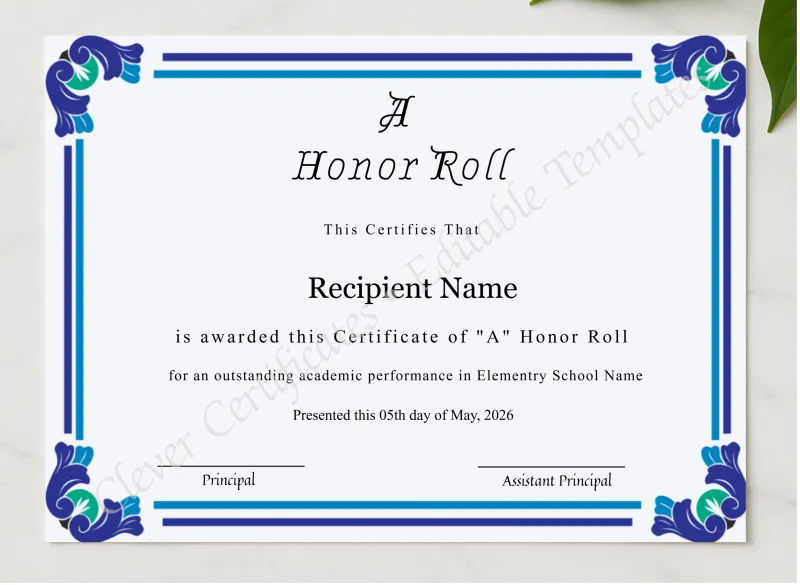 Editable Certificate Of A Honor Roll presented in a sleek wooden frame, elegantly arranged on a stylish table.