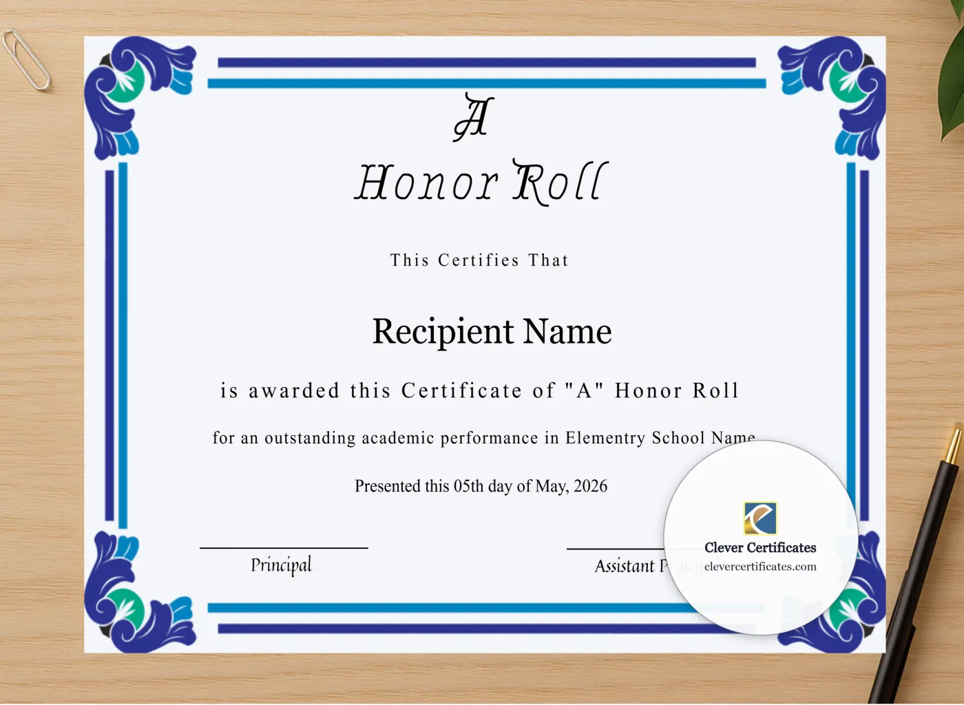 Professional preview of Editable Certificate Of A Honor Roll certificate on high-quality stationery paper, ideal for showcasing the final look.