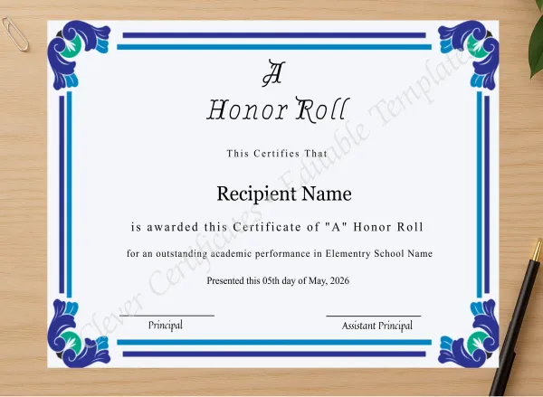 Professional preview of Editable Certificate Of A Honor Roll certificate on high-quality stationery paper, ideal for showcasing the final look.