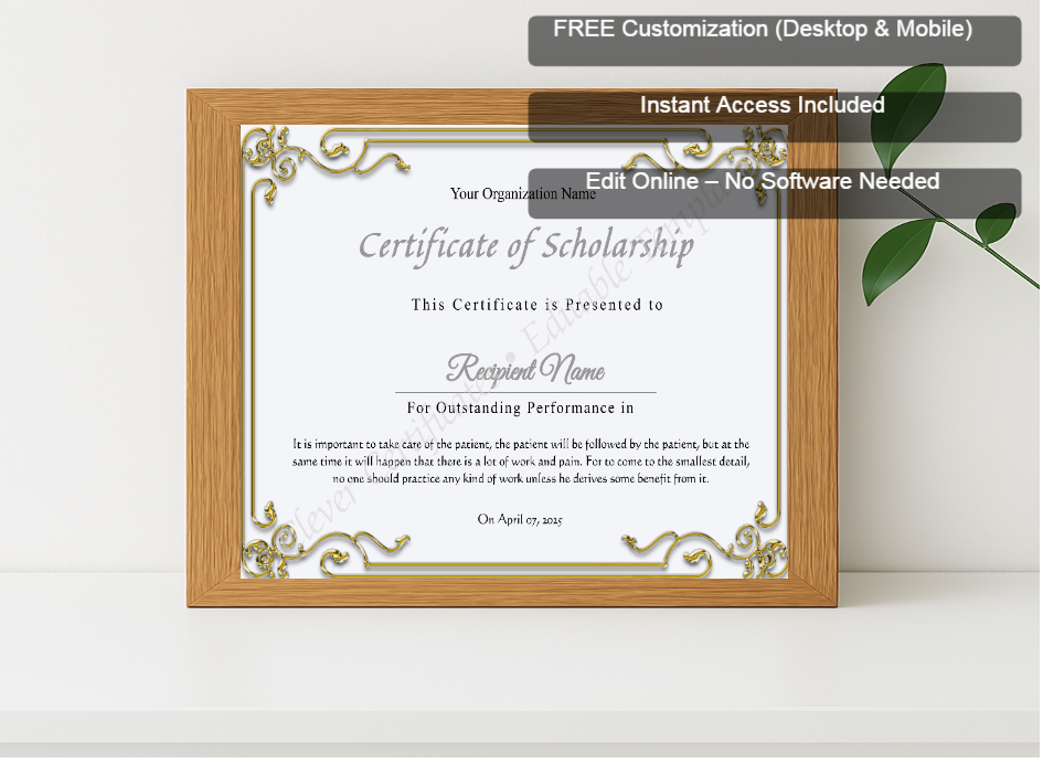 Premium mockup with Free Editor badge stack for Printable Certificate Of Scholarship
