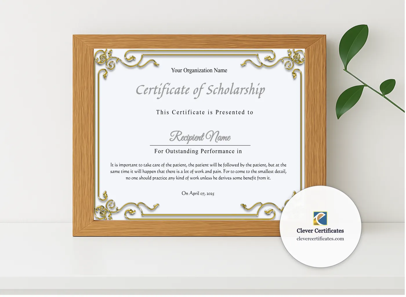 Realistic mockup featuring Printable Certificate Of Scholarship displayed within a modern frame, set against a minimalistic background.