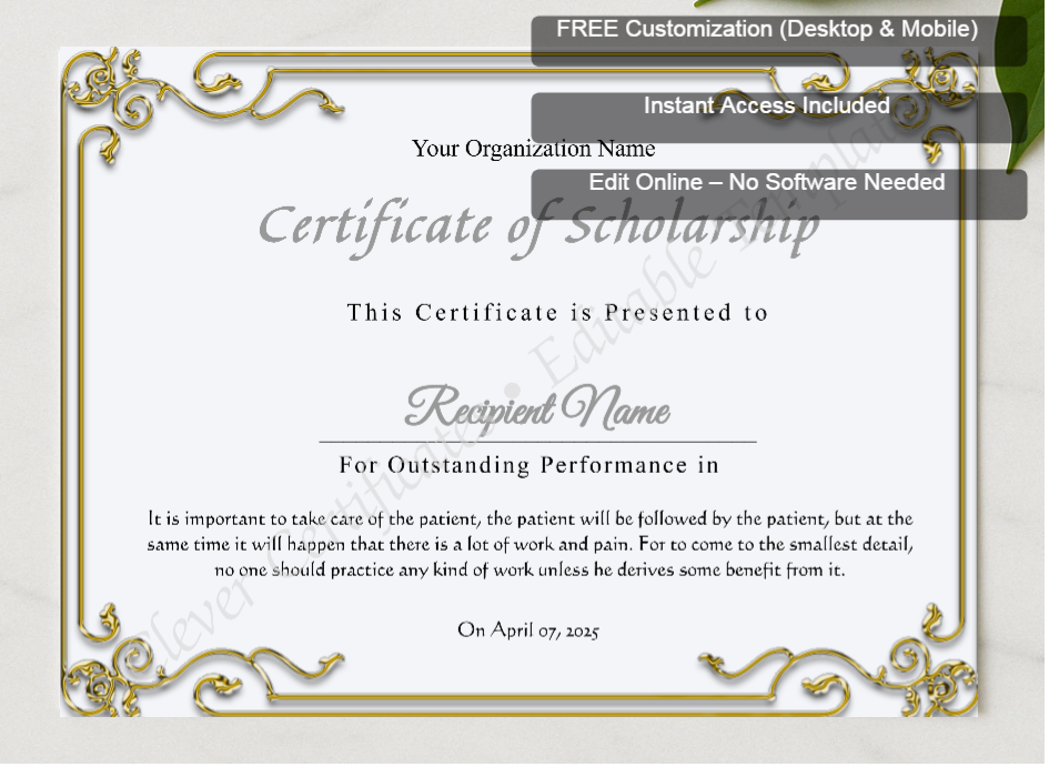 Framed preview featuring Free Editor badge stack for Printable Certificate Of Scholarship