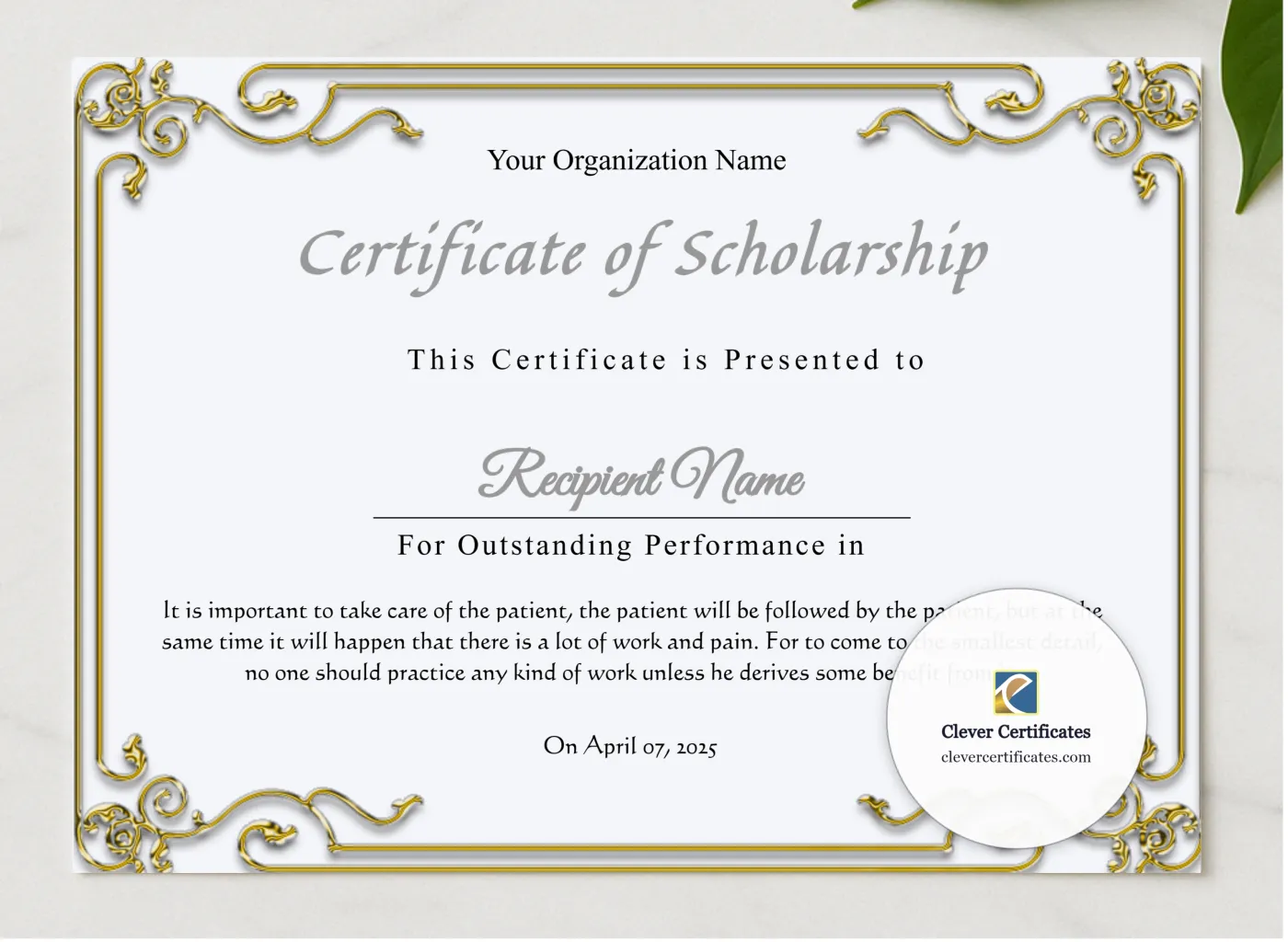 Printable Certificate Of Scholarship presented in a sleek wooden frame, elegantly arranged on a stylish table.
