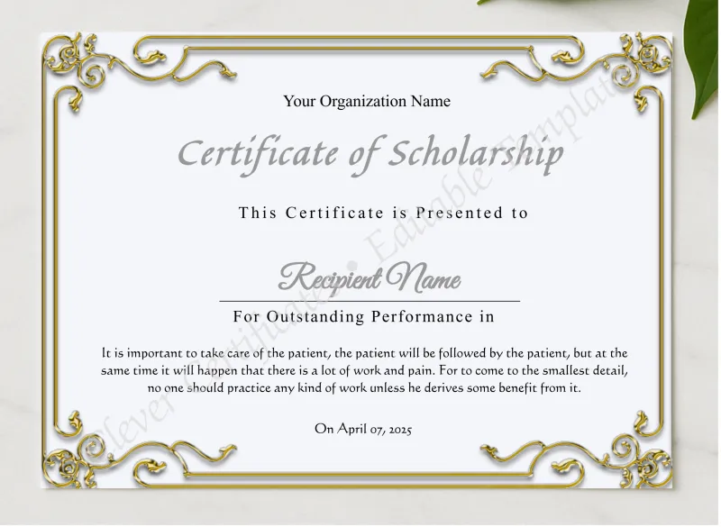 Printable Certificate Of Scholarship presented in a sleek wooden frame, elegantly arranged on a stylish table.