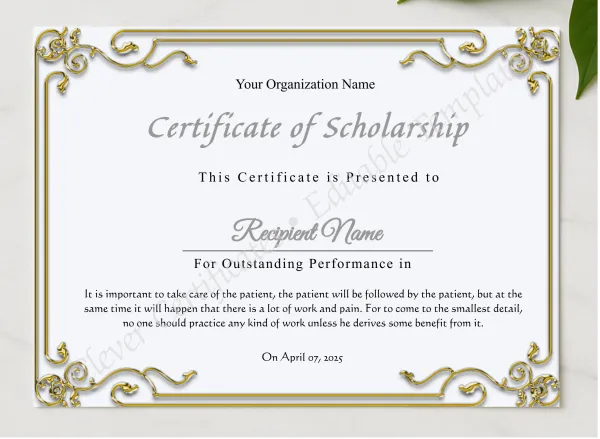 Printable Certificate Of Scholarship presented in a sleek wooden frame, elegantly arranged on a stylish table.