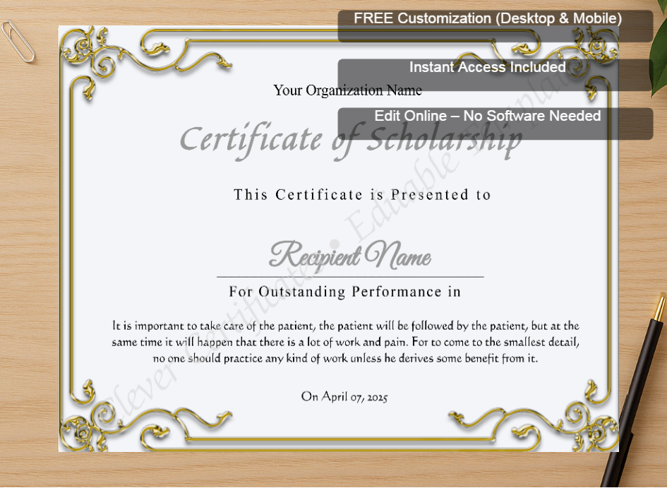 Zoomed preview with Free Editor badge stack for Printable Certificate Of Scholarship