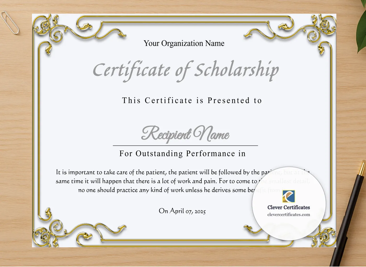 Professional preview of Printable Certificate Of Scholarship certificate on high-quality stationery paper, ideal for showcasing the final look.