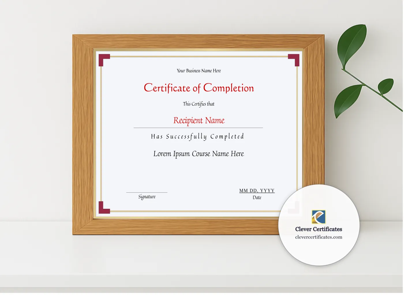 Realistic mockup featuring Printable Certificate Of Completion displayed within a modern frame, set against a minimalistic background.