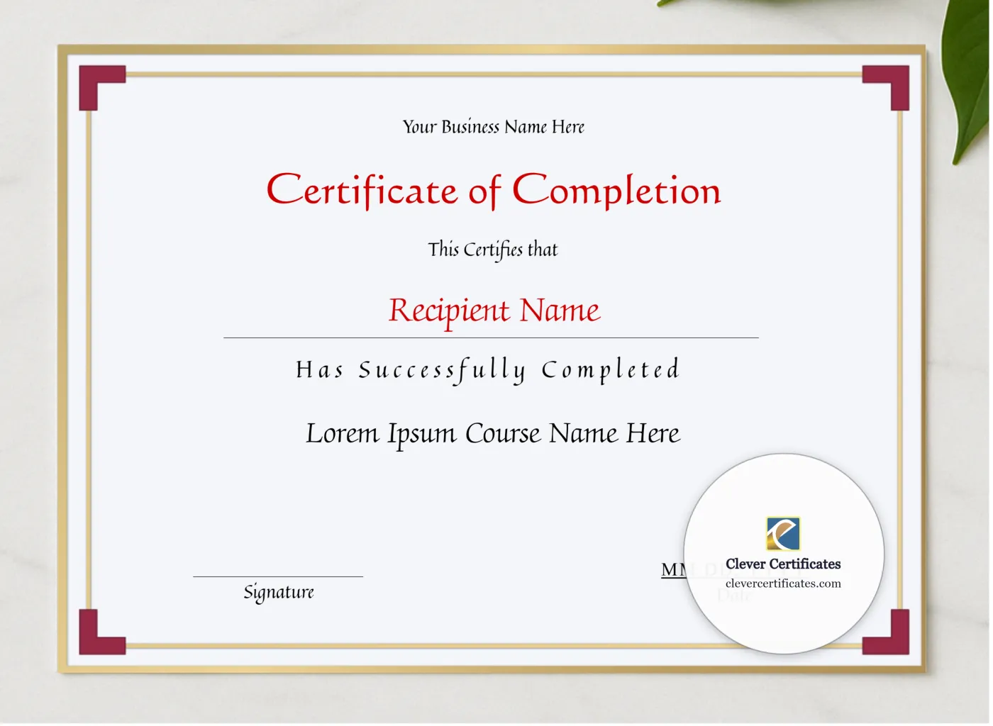 Printable Certificate Of Completion presented in a sleek wooden frame, elegantly arranged on a stylish table.
